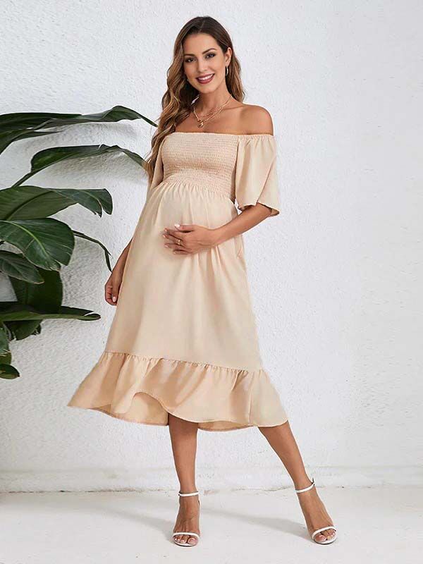 Beaumama robes longue grossesse casual vacances volants plissé fluide col bateau femme enceinte