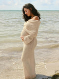 Beaumama robe longue grossesse élégant enceinte shooting vacances crochet tricot poilu plissé moulante femme enceinte