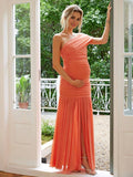 Beaumama robes longue grossesse cérémonie soirée mousseline plissé fente avant épaule asymétrique élégant femme enceinte