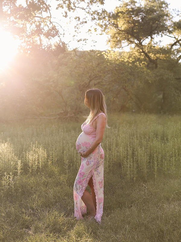 Beaumama robe longue grossesse élégant vacances imprimé fleurie dentelle épissage fendu le côté dos nu découpe photo femme enceinte