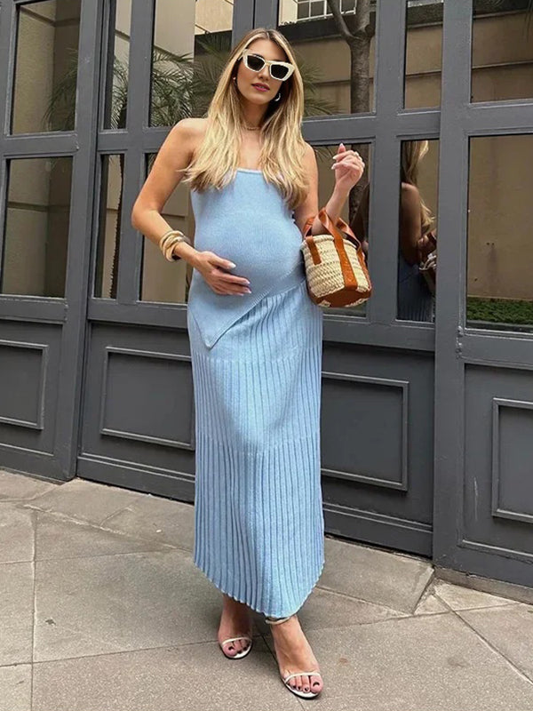 Beaumama robe longue grossesse élégant casual vacances costume deux pièces irrégulier fendu le côté plissé femme enceinte