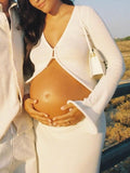 Beaumama robe longue grossesse bohème enceinte shooting vacances costume deux pièces crochet tricot bord ondulé femme enceinte