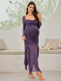 Beaumama robes longue grossesse tulle fendu le côté ruchés froncées élégant femme enceinte