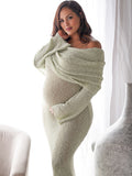 Beaumama robes longue grossesse tricot col bateau manches trompette élégant femme enceinte