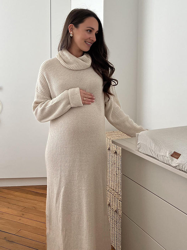 Beaumama robes longue grossesse robes pulls tricot col roulé style maison femme enceinte