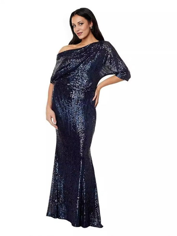 Beaumama robes longue grossesse brillante paillette épaule nue élégant femme enceinte