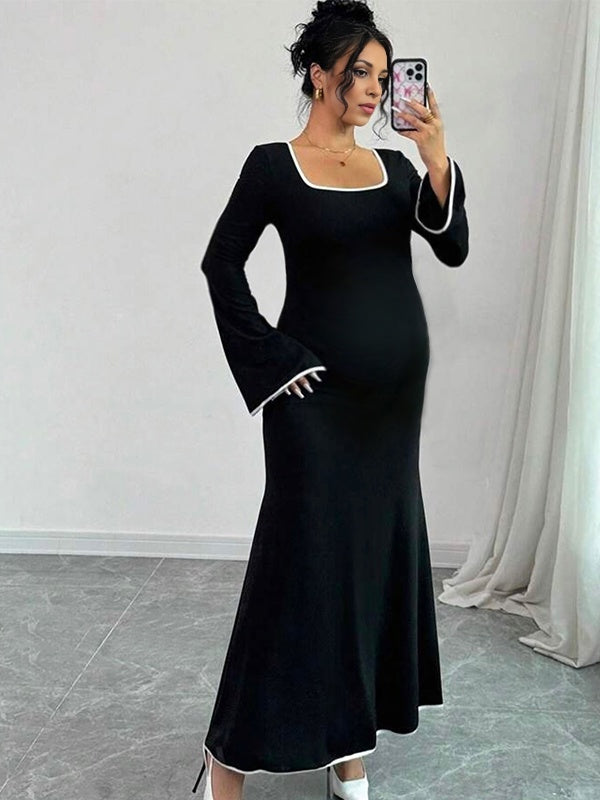 Beaumama robes longue grossesse couleurs contrastées manches trompette fluide élégant femme enceinte