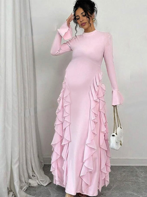 Beaumama robes longue grossesse taille haute  manches évasées volants femme enceinte