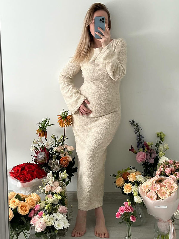 Beaumama robes longue grossesse élégant casual crochet tricot poilu moulante manches trompette femme enceinte