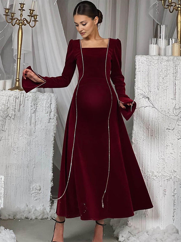 Beaumama robes longue grossesse élégant soirée strass frange trapèze velours manches fendues femme enceinte