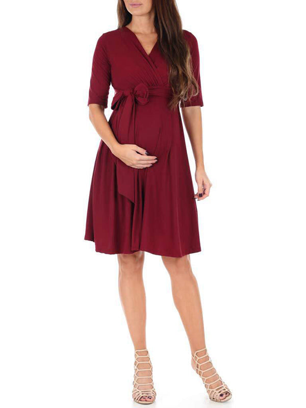 Beaumama robes mi-longue grossesse nœud papillon v-cou femme enceinte