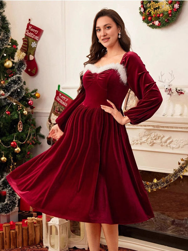 Beaumama robes mi-longue grossesse élégant noël velours fluide plume poilu femme enceinte