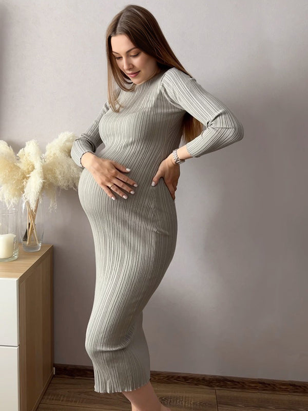 Beaumama robes mi-longue grossesse moulante col rond élégant femme enceinte