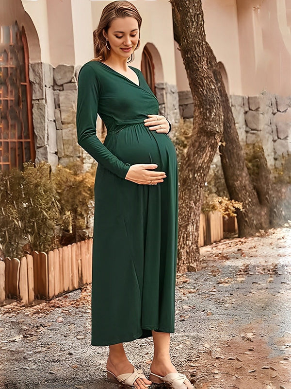 Beaumama robes mi-longue allaitement grossesse plissé v-cou élégant femme enceinte