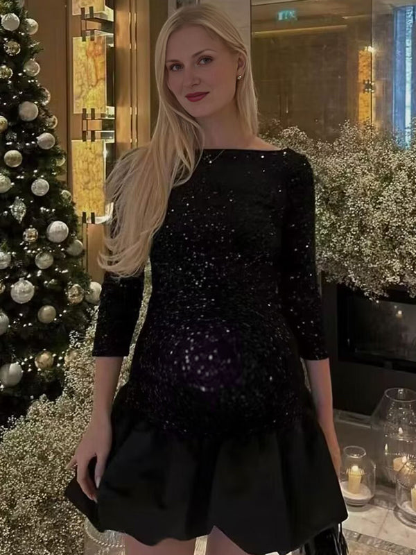 Beaumama robes courte grossesse élégant cocktail noël brillante paillette dos nu peplum moulante femme enceinte