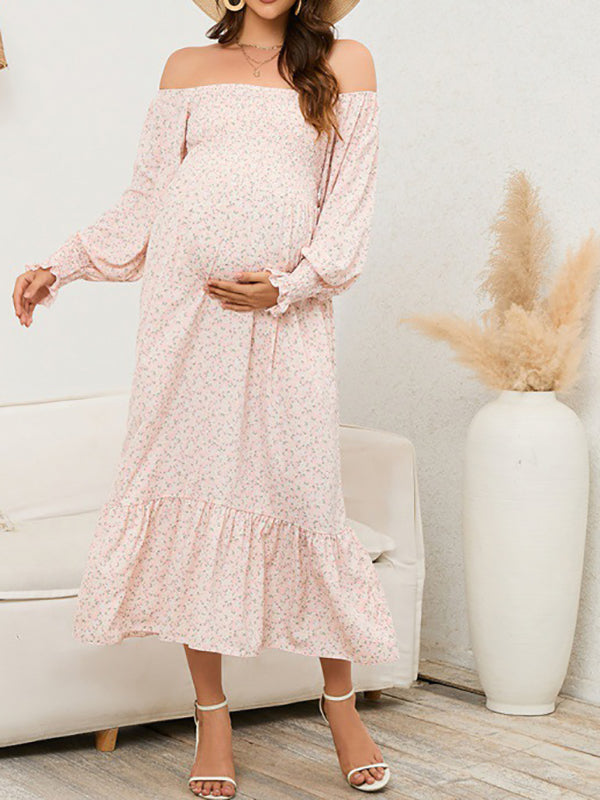 Beaumama robes longue grossesse imprimé fleurie volants col carré femme enceinte