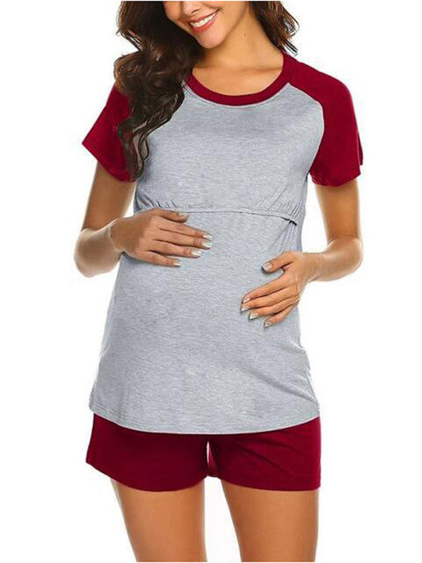 Beaumama t-shirt allaitement grossesse casual confortable costume deux pièces couleur bloc shorts femme enceinte