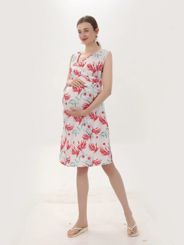 Beaumama robe allaitement mi-longue grossesse casual confortable élégant imprimé feuille plissé femme enceinte