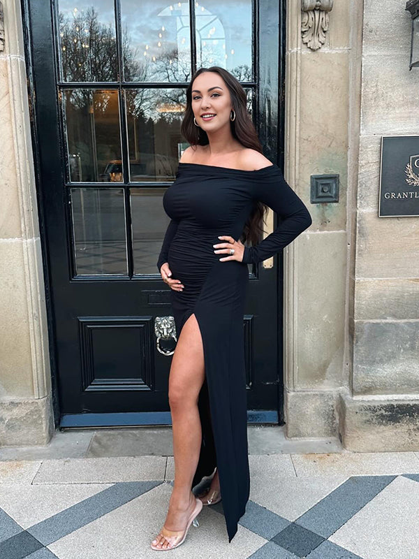 Beaumama robes longue grossesse élégant cocktail épaule dénudée fendu le côté moulante plissé femme enceinte