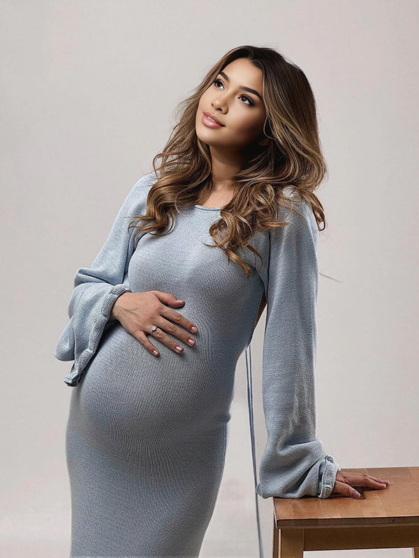 Beaumama robes longue grossesse dos nu volants licou manches trompette élégant femme enceinte