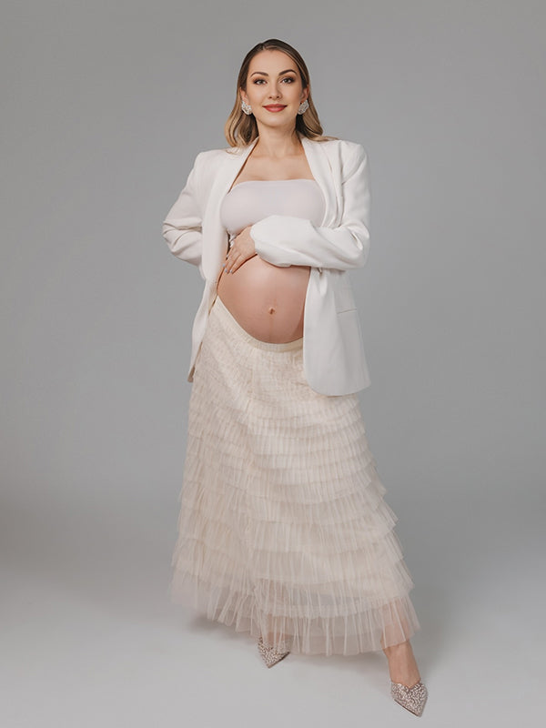 Beaumama robes mi-longue tulle froufrou taille élastique élégant femme enceinte