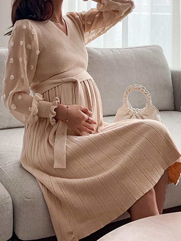 Beaumama robes pulls mi-longue grossesse allaitement pois plissé tulle manches longues femme enceinte